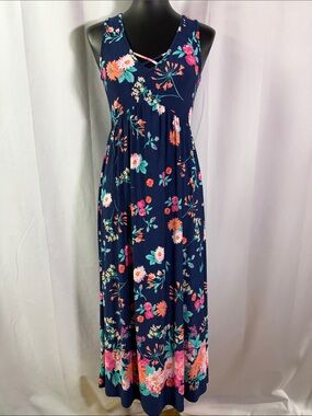 Emerald Navy Blue Multicolor Floral Print Sleeveless V-Neck Midi Dress